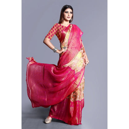 pkrkart Women's Viscose Rayon Printed Saree With Unstitched Blouse (Pink)