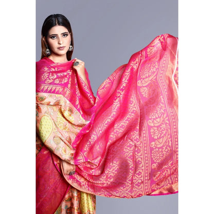 pkrkart Women's Viscose Rayon Printed Saree With Unstitched Blouse (Pink)