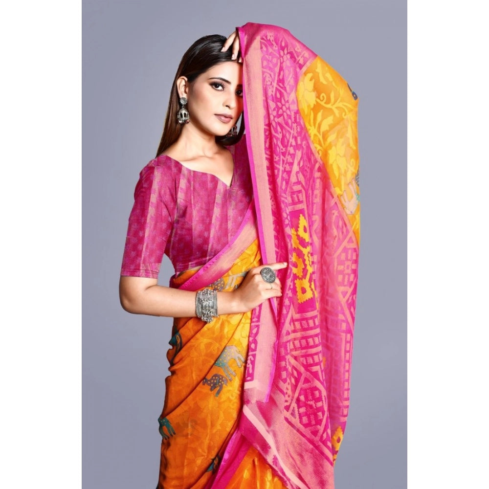 pkrkart Women's Viscose Rayon Printed Saree With Unstitched Blouse (Yellow)