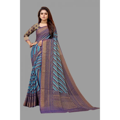 pkrkart Women's Viscose Rayon Printed Saree With Unstitched Blouse (Navy Blue)