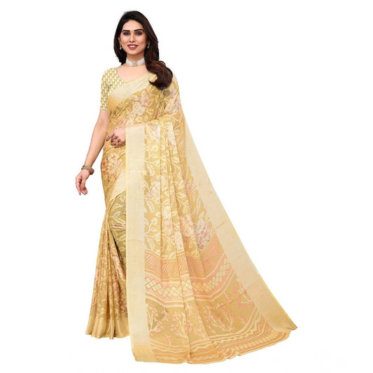 pkrkart Women's Viscose Rayon Printed Saree With Unstitched Blouse (Yellow)