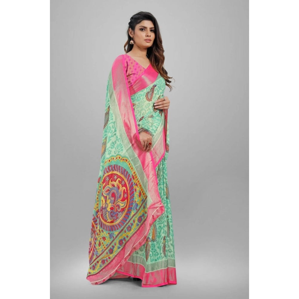 pkrkart Women's Viscose Rayon Printed Saree With Unstitched Blouse (Teal)