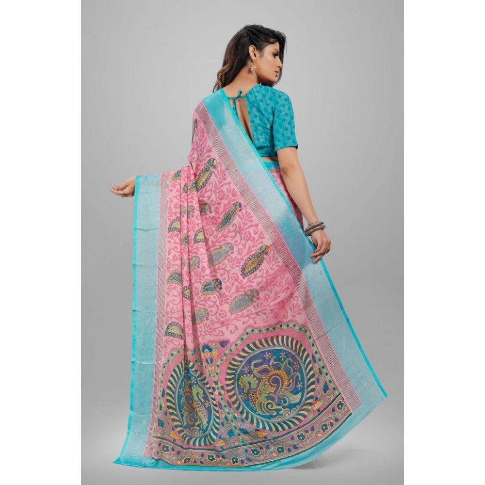 pkrkart Women's Viscose Rayon Printed Saree With Unstitched Blouse (Pink)