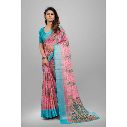 pkrkart Women's Viscose Rayon Printed Saree With Unstitched Blouse (Pink)