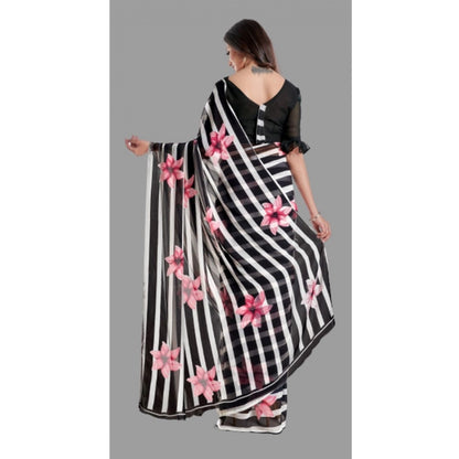 pkrkart Women's Georgette Printed Saree With Unstitched Blouse (Black)