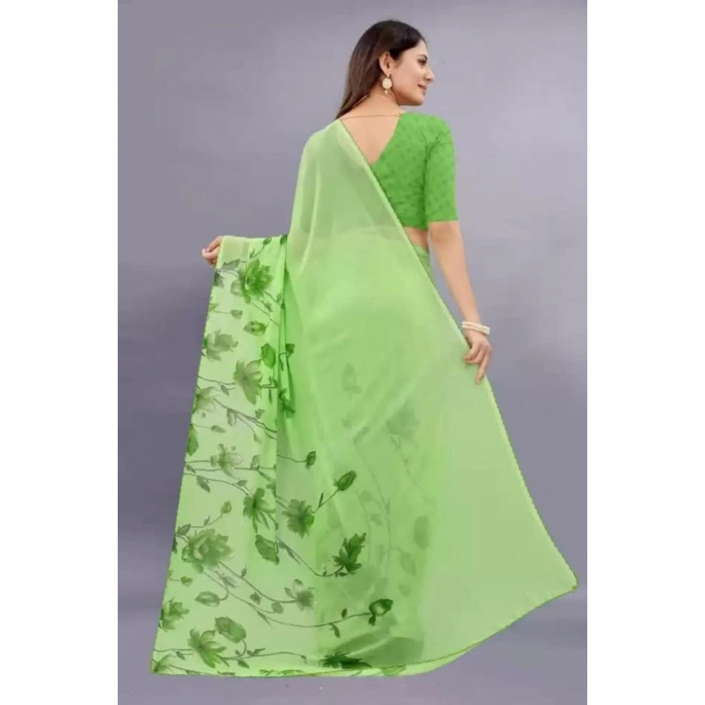 pkrkart Women's Georgette Printed Saree With Unstitched Blouse (Green)