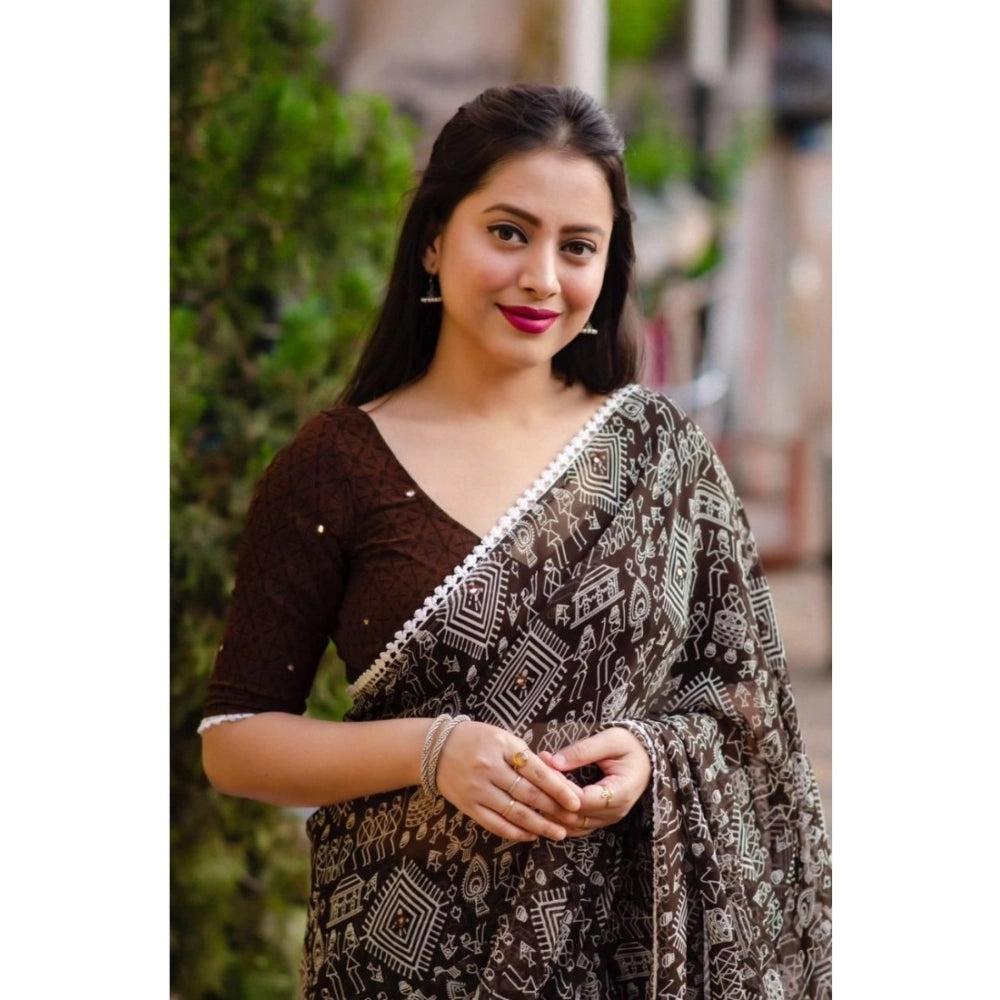 pkrkart Women's Georgette Printed Saree With Unstitched Blouse (Brown)
