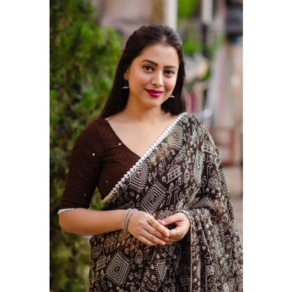pkrkart Women's Georgette Printed Saree With Unstitched Blouse (Brown)