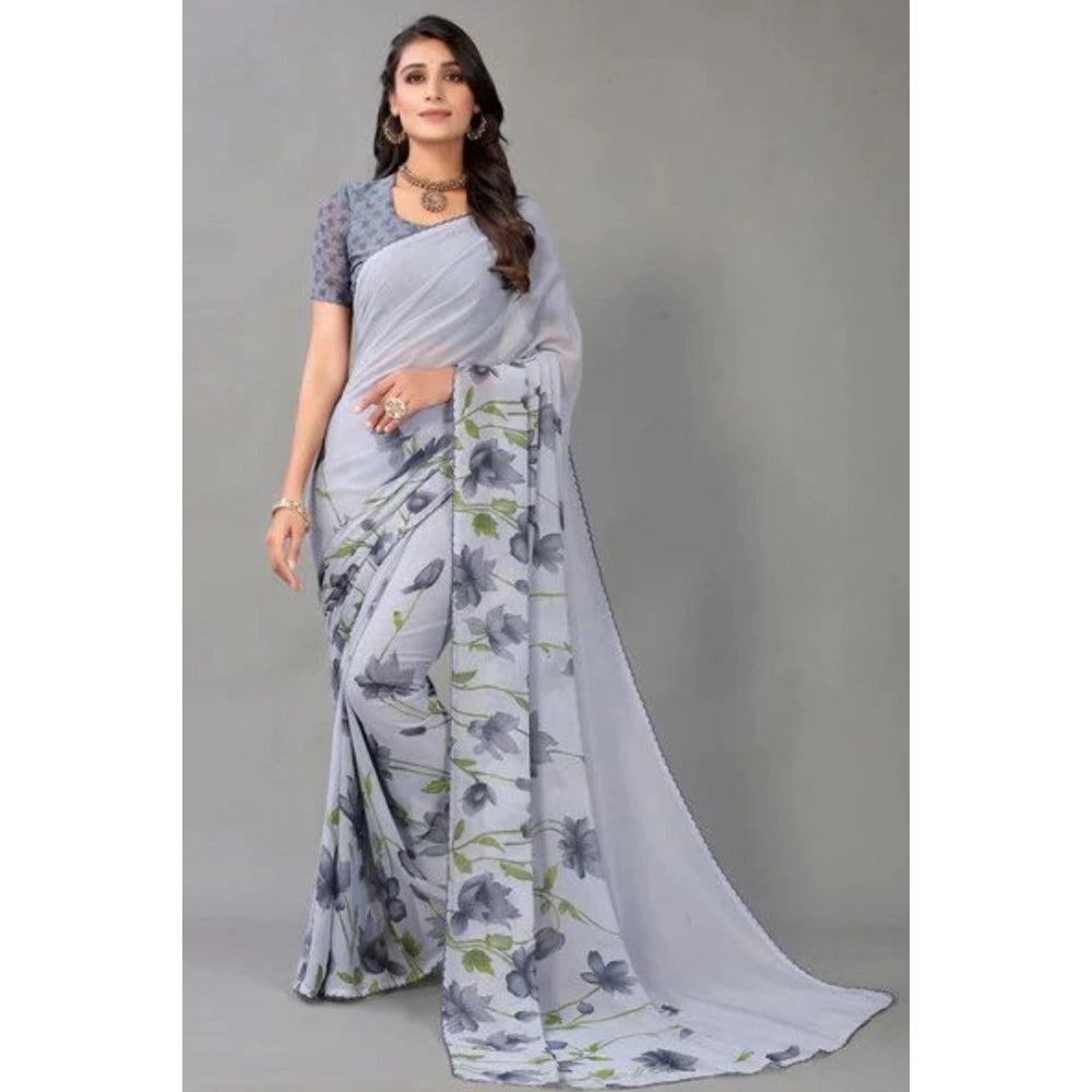 pkrkart Women's Georgette Printed Saree With Unstitched Blouse (Grey)