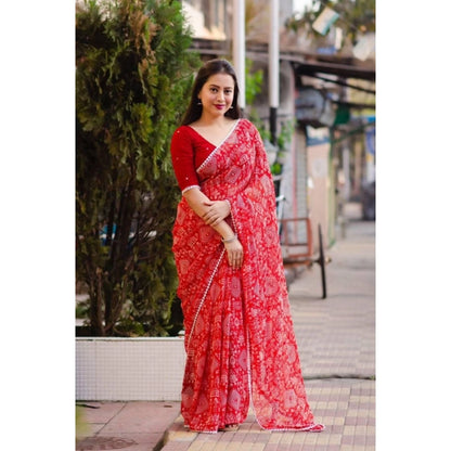 pkrkart Women's Georgette Printed Saree With Unstitched Blouse (Red)