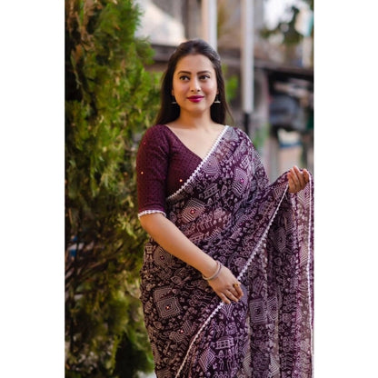pkrkart Women's Georgette Printed Saree With Unstitched Blouse (Purple)