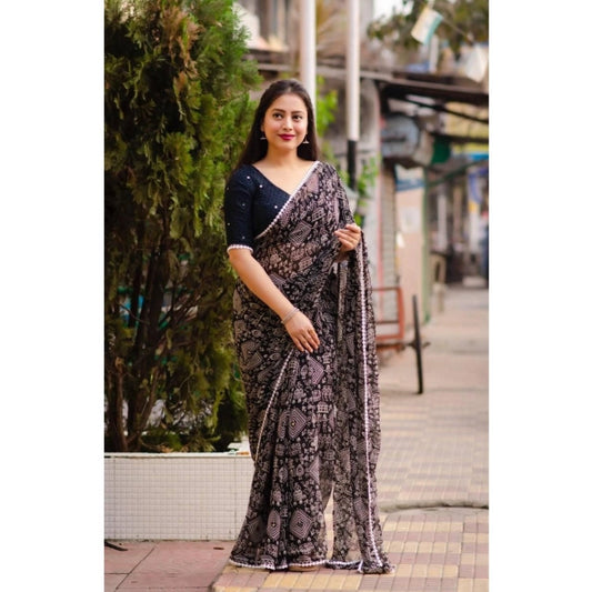 pkrkart Women's Georgette Printed Saree With Unstitched Blouse (Black)