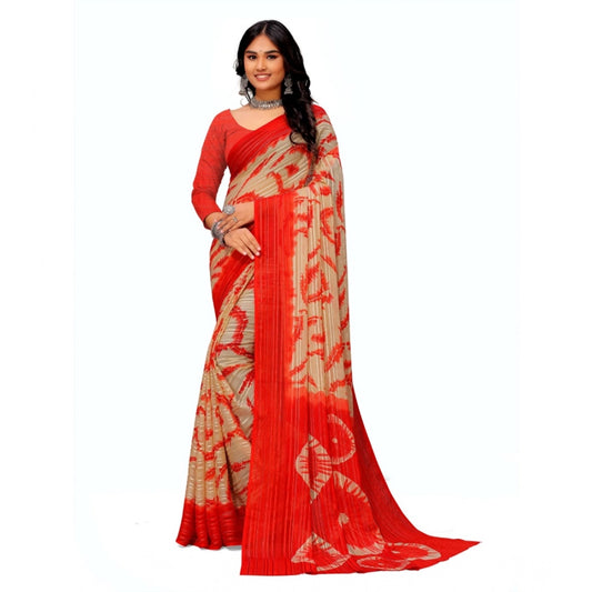 pkrkart Women's Georgette Printed Saree With Unstitched Blouse (Red)