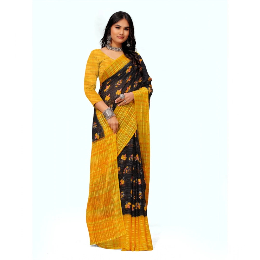 pkrkart Women's Georgette Printed Saree With Unstitched Blouse (Yellow)