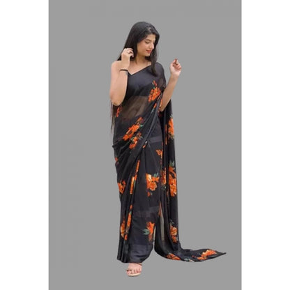 pkrkart Women's Satin Patta Printed Saree With Unstitched Blouse (Orange)