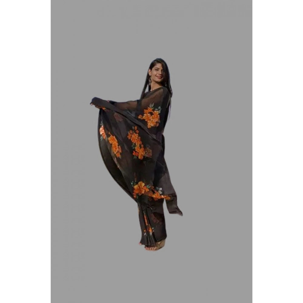 pkrkart Women's Satin Patta Printed Saree With Unstitched Blouse (Orange)