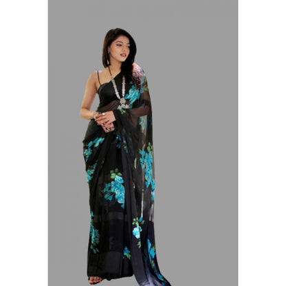 pkrkart Women's Satin Patta Printed Saree With Unstitched Blouse (Blue)