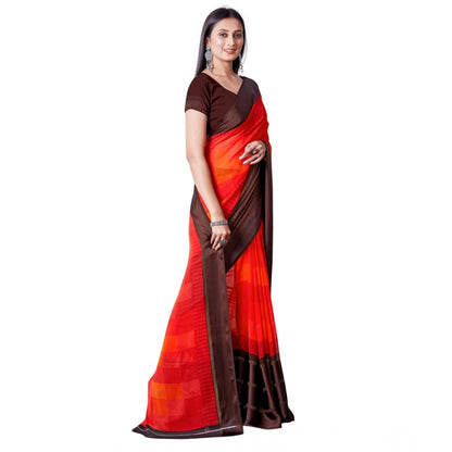 pkrkart Women's Satin Patta Printed Saree With Unstitched Blouse (Red)