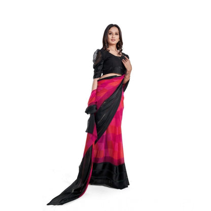 pkrkart Women's Satin Patta Printed Saree With Unstitched Blouse (Pink)