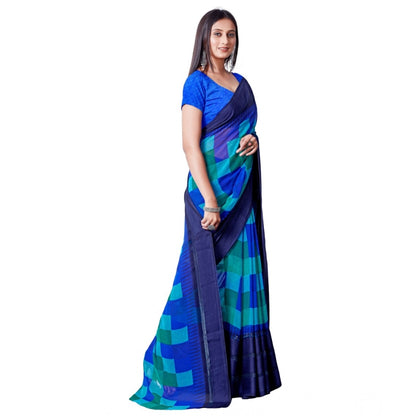 pkrkart Women's Satin Patta Printed Saree With Unstitched Blouse (Skyblue)