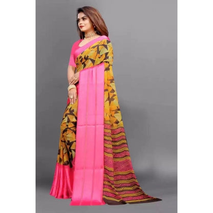 pkrkart Women's Satin Patta Printed Saree With Unstitched Blouse (Pink)