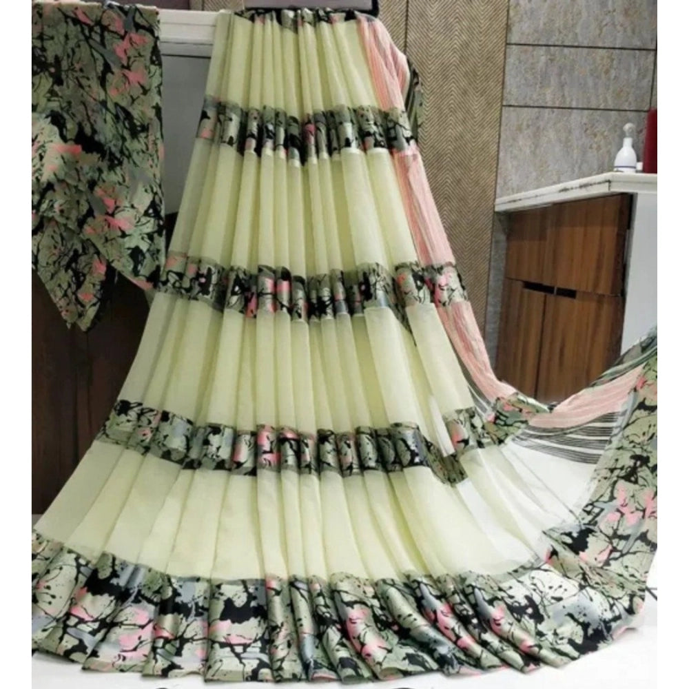 pkrkart Women's Satin Patta Printed Saree With Unstitched Blouse (Cream)