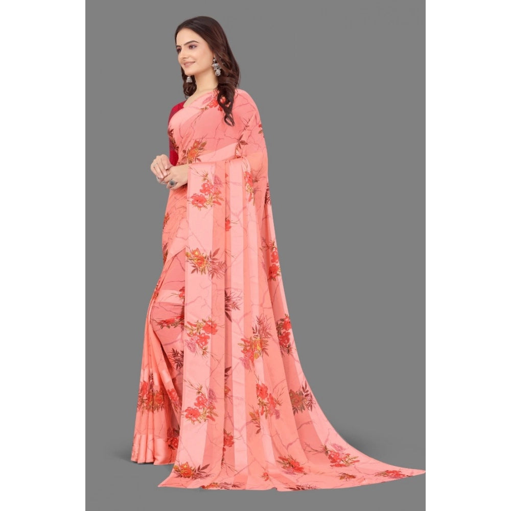 pkrkart Women's Satin Patta Printed Saree With Unstitched Blouse (Peach)