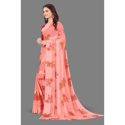 pkrkart Women's Satin Patta Printed Saree With Unstitched Blouse (Peach)