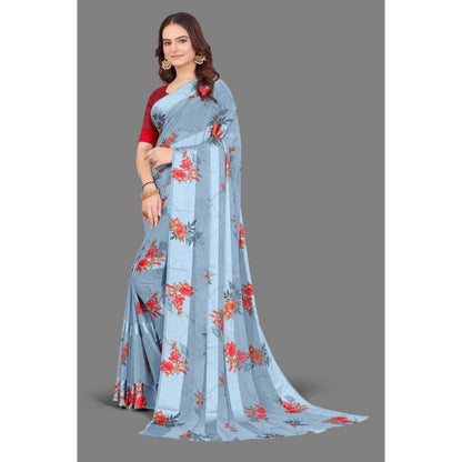 pkrkart Women's Satin Patta Printed Saree With Unstitched Blouse (Grey)
