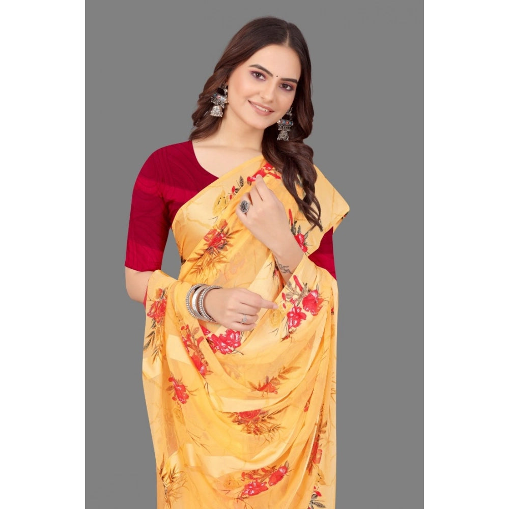 pkrkart Women's Satin Patta Printed Saree With Unstitched Blouse (Beige)
