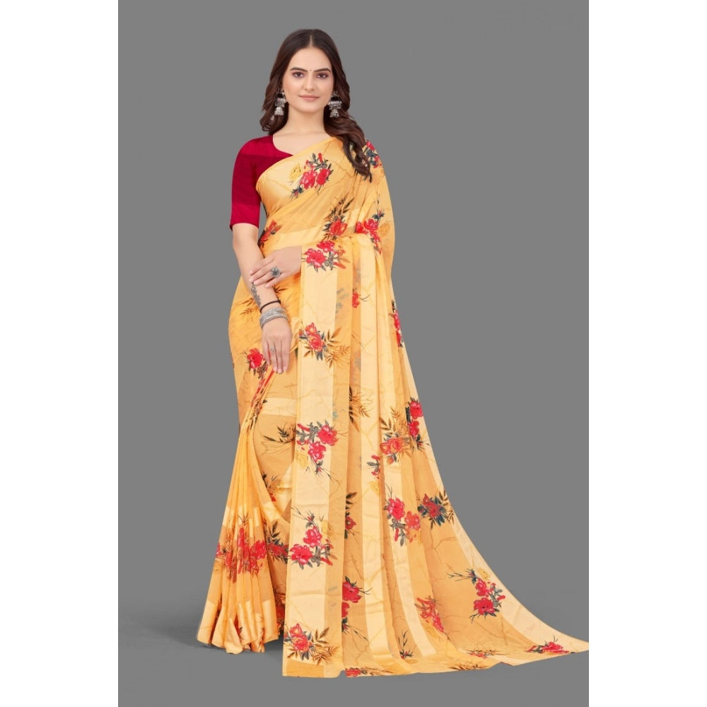 pkrkart Women's Satin Patta Printed Saree With Unstitched Blouse (Beige)