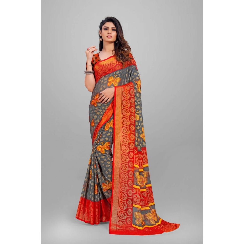 pkrkart Women's Viscose Rayon Printed Saree With Unstitched Blouse (Grey)