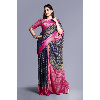 pkrkart Women's Viscose Rayon Printed Saree With Unstitched Blouse (Navy Blue)