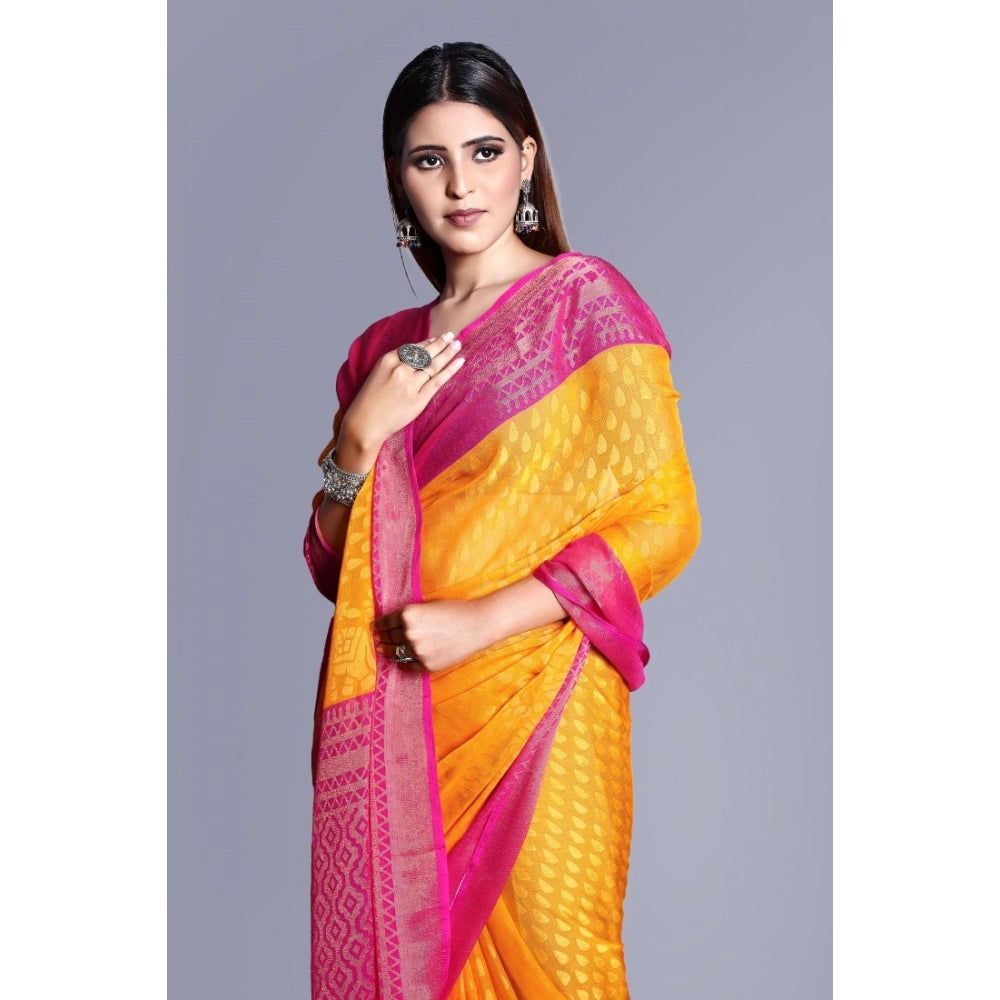 pkrkart Women's Viscose Rayon Printed Saree With Unstitched Blouse (Yellow)