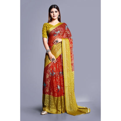 pkrkart Women's Viscose Rayon Printed Saree With Unstitched Blouse (Red)