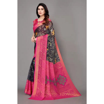 pkrkart Women's Viscose Rayon Printed Saree With Unstitched Blouse (Navy Blue)