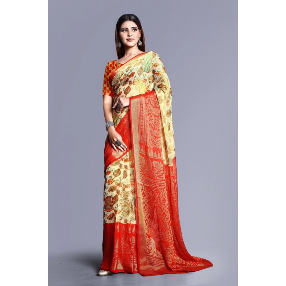 pkrkart Women's Viscose Rayon Printed Saree With Unstitched Blouse (Red)