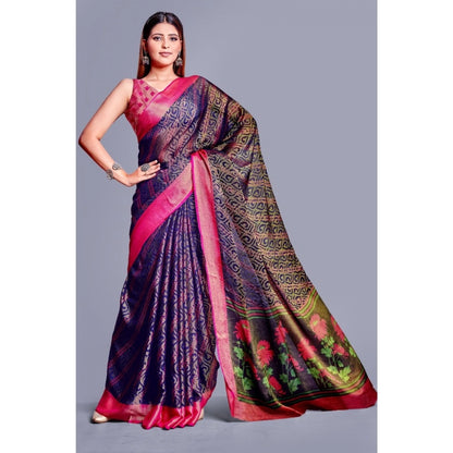 pkrkart Women's Viscose Rayon Printed Saree With Unstitched Blouse (Navy Blue)