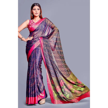pkrkart Women's Viscose Rayon Printed Saree With Unstitched Blouse (Navy Blue)