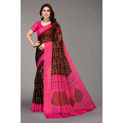 pkrkart Women's Viscose Rayon Printed Saree With Unstitched Blouse (Black)
