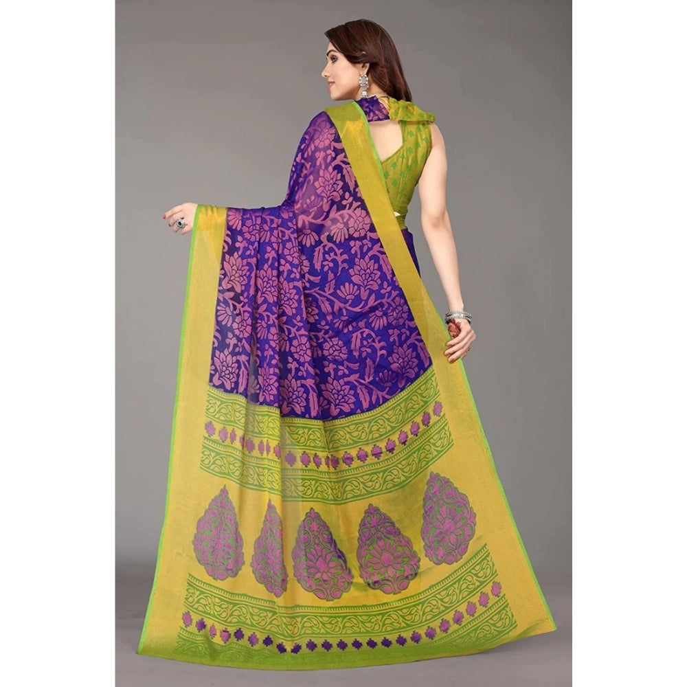 pkrkart Women's Viscose Rayon Printed Saree With Unstitched Blouse (Blue)