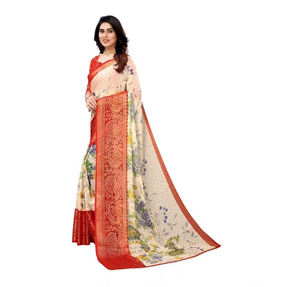 pkrkart Women's Viscose Rayon Printed Saree With Unstitched Blouse (Red)