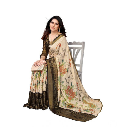 pkrkart Women's Viscose Rayon Printed Saree With Unstitched Blouse (Black)