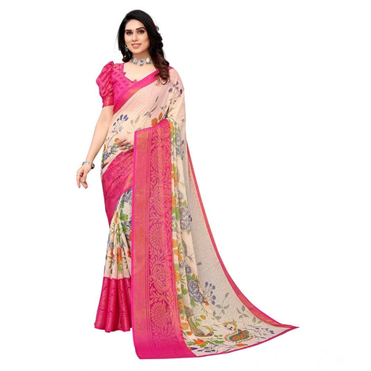 pkrkart Women's Viscose Rayon Printed Saree With Unstitched Blouse (Pink)