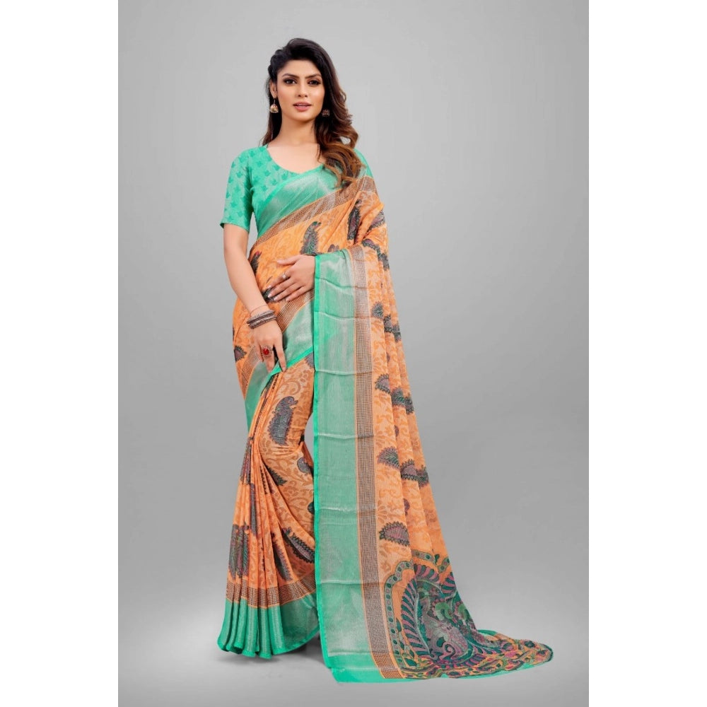 pkrkart Women's Viscose Rayon Printed Saree With Unstitched Blouse (Orange)