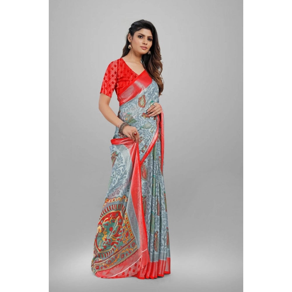 pkrkart Women's Viscose Rayon Printed Saree With Unstitched Blouse (Grey)