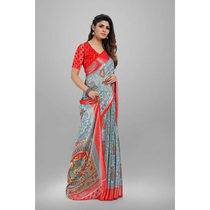 pkrkart Women's Viscose Rayon Printed Saree With Unstitched Blouse (Grey)