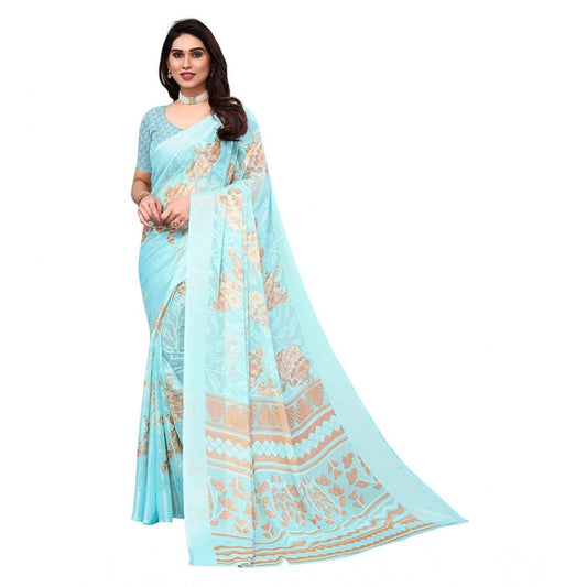 pkrkart Women's Viscose Rayon Printed Saree With Unstitched Blouse (Sky Blue)