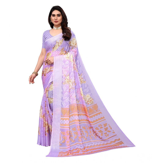 pkrkart Women's Viscose Rayon Printed Saree With Unstitched Blouse (Purple)