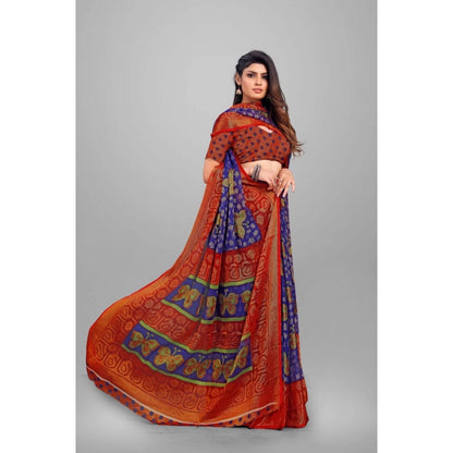 pkrkart Women's Viscose Rayon Printed Saree With Unstitched Blouse (Blue)
